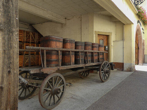 wooden cart with wooden containers for collecting grapes