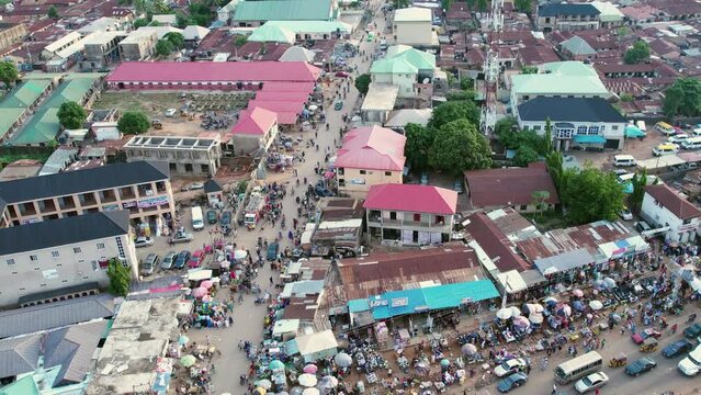 Drone shot of  Busy street, heavy traffic,Local market shopping  area,Africa congestion and  busy road in Africa