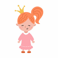 Cute princess with beautiful hairstyle. little girl in dress. Crown on head. Funny character. Illustration for children. Poster nursery.