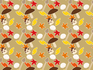 シームレスなパターン、落ち葉とキノコ、秋の背景