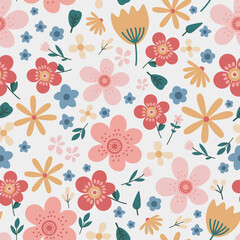 Amazing floral vector seamless pattern of bright colorful flowers in cute vintage style.Beautiful colorful flowers background. Spring primitive texture. Design folk style concept for fashion print.