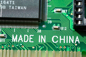 Closeup of Circuit Board with "Made in China" printed on it