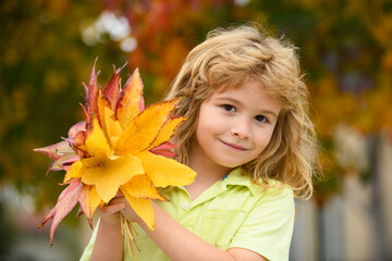 Naklejka na ściany i meble Autumn Baby Portrait on Fall Yellow Leaves Background, Child Kid in Park Outdoor, October September Season.