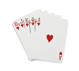 Deck of playing cards isolated on white, top view. Poker game