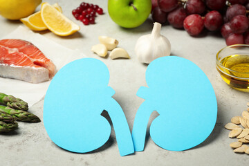Obraz premium Paper cutout of kidneys and different healthy products on light grey table, closeup