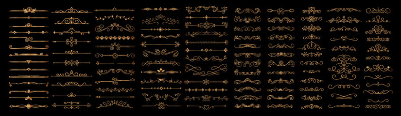Set of golden vintage borders. Collection of design elements for website, luxurious decoration and ornament in vintage traditional style. Cartoon flat vector illustrations isolated on black background
