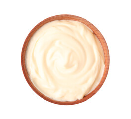 Tasty mayonnaise in wooden bowl isolated on white, top view