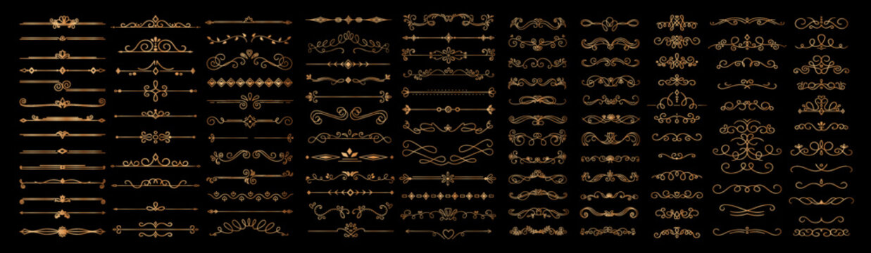 Set of golden vintage borders. Collection of design elements for website, luxurious decoration and ornament in vintage traditional style. Cartoon flat vector illustrations isolated on black background