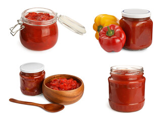 Set with delicious canned lecho on white background