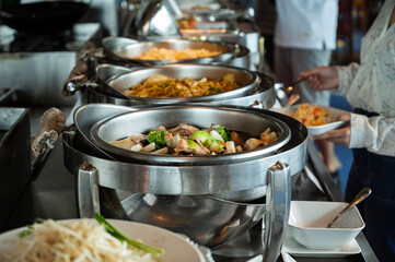 buffet food, catering food party at restaurant, mini canapes, snacks and appetizers