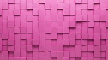 Pink, Square Mosaic Tiles arranged in the shape of a wall. Semigloss, 3D, Blocks stacked to create a Futuristic block background. 3D Render
