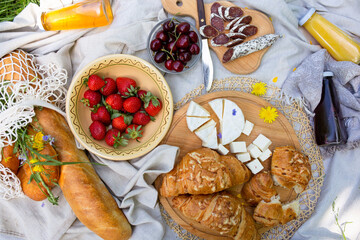 Picnic in the field with berries, juice, cheese, sausage and sweet croissants
