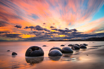 Moeraki Boulders beach at sunrise, New Zealand