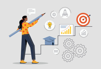 Career planning concept. Girl with pencil sets goals. Leader sees future, motivation. Aspiring young professional, hardworking employee. Entrepreneur launches startup. Cartoon flat vector illustration