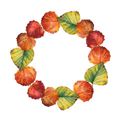 Fototapeta premium Autumn bouquet. Circle frame with copy space. Watercolor hand-drawn red green orange leaves wreath isolated on white background. Forest nature plant foliage. Clipart for halloween sticker, wallpaper