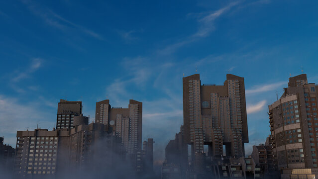 Constructivist Cityscape. Soviet Modernist Architecture against a Dusk Evening Sky.
