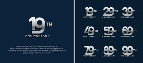 set of anniversary logotype silver color on dark blue background for celebration moment
