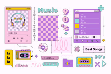 Vaporwave Music Template Boxes and Interfaces Elements in Trendy y2k Style. Retro Desktop with Frames. Vector Background