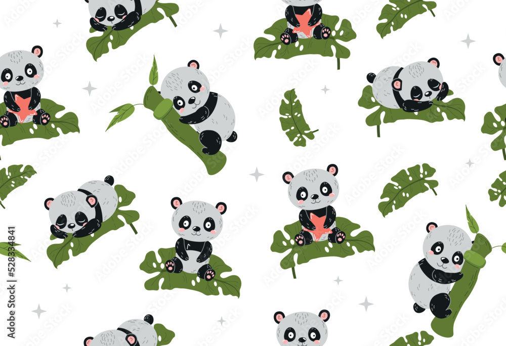 Poster cute panda seamless pattern. repeating design element or template for social networks and printing o