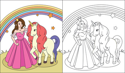 Cute princess coloring book. Black and white and bright image, educational materials for children. Development of creative skills, learning and training elements. Cartoon flat vector illustration