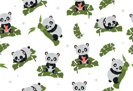 Cute panda seamless pattern. Repeating design element or template for social networks and printing on wrapping paper. Animal with foliage, wildlife, toy or mascot. Cartoon flat vector illustration