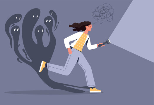 Fear attack concept. Woman with flashlight runs away from ghosts chasing her. Metaphor of fears, problems with mental health and psychology. Scared girl with phobia. Cartoon flat vector illustration