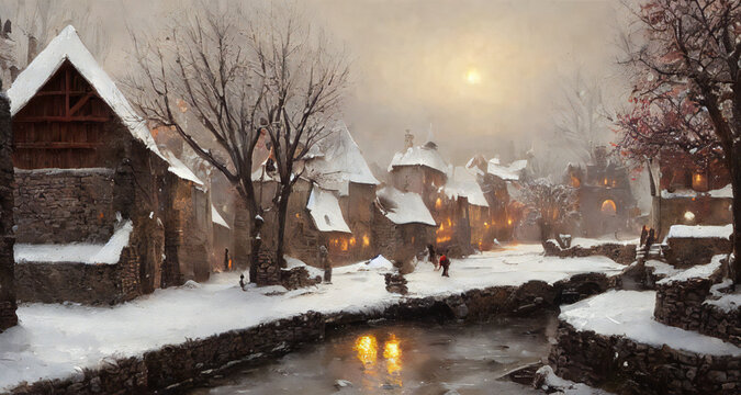 painting of a beautiful medieval village during winter, artwork