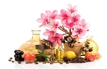 Castor dried seeds and oil isolated on white background.