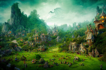 Fantasy landscape painting, castle and village, imaginary world