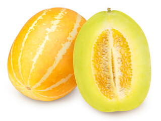 Orange Melon isolated on white background, Oriental melon, Yellow Korean Melon on white With work path.