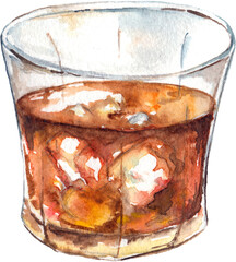 Watercolor rum whiskey ice alcohol cocktail isolated art