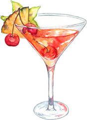 Watercolor cherry pineapple carambola alcohol cocktail isolated art
