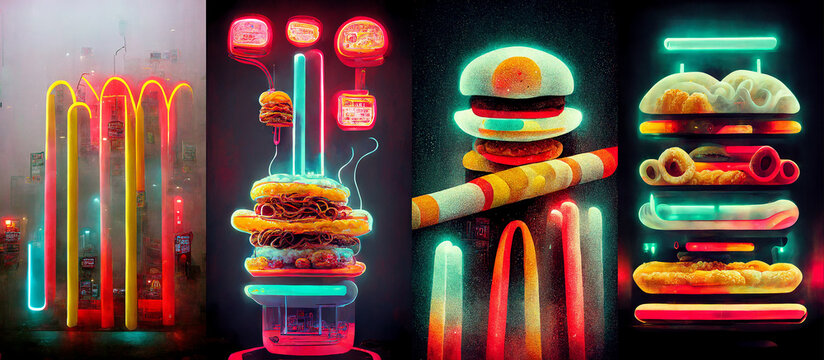 Fast Food Neon Lights. Colorful Abstract Realism Illustration