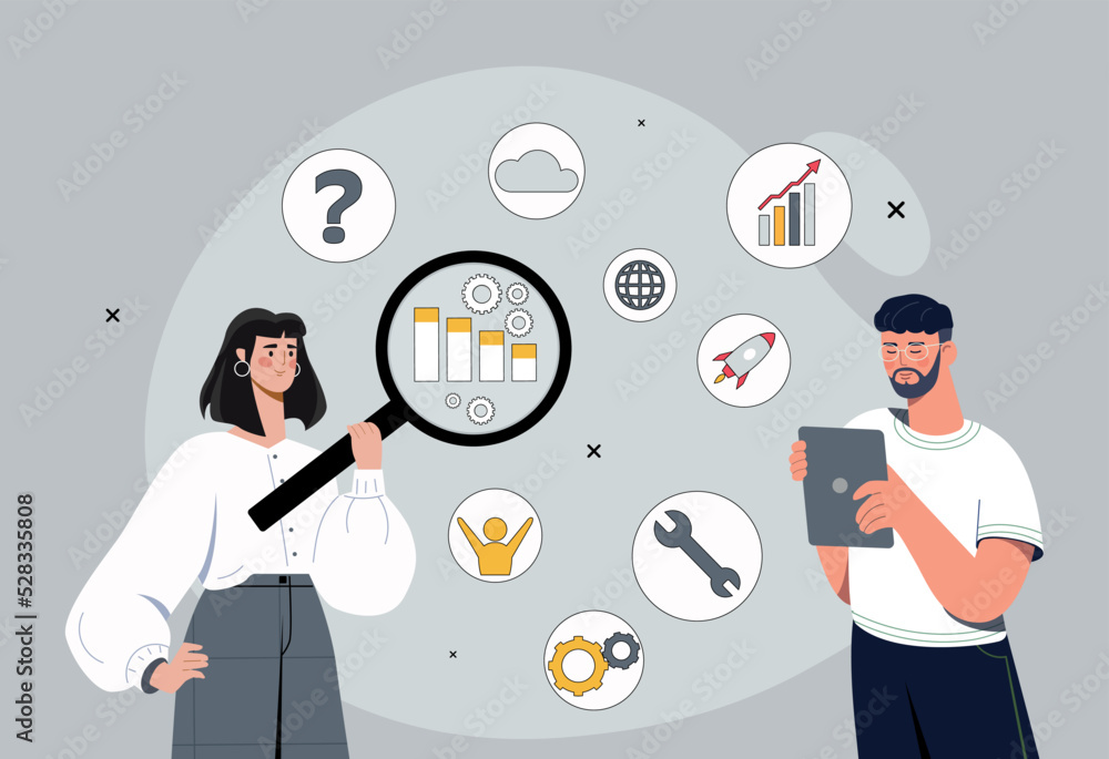 Poster search engine optimization. man and woman with magnifying glass analyze behavior of website or page 