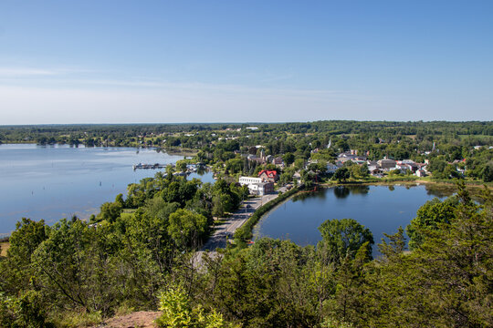 pretty town in a valley by a lake