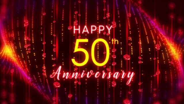 Happy 50th Anniversary Text Reveal On Red Yellow Shiny Blurry Focus Vertical Rose Flower Particles Lines Curtain And Flickering Art Dotted Lines Loopable