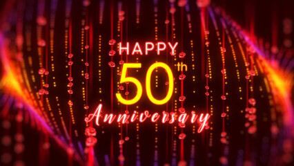 Sweet Glowing Happy 50th Anniversary Lettering On Red Yellow Shiny Blurry Focus Vertical Rose Flower Particles Lines Curtain And Art Dotted Lines