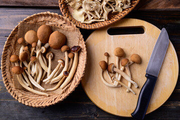 Fresh yanagi matsutake mushroom prepare for cooking, Table top view