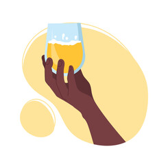 Hand with alcohol drink. Character holding glass with yellow liquid. Tasty and beverage, rest and relax after work. Party, disco and event. Love for alcohol. Cartoon flat vector illustration