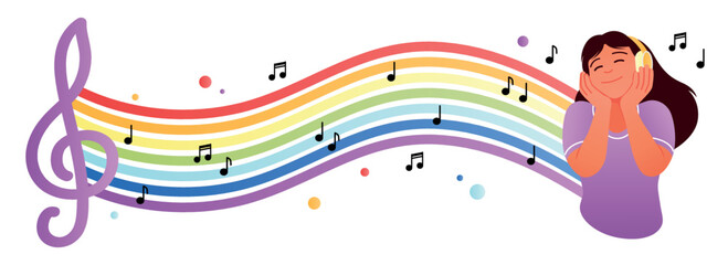 Girl with melody symbols. Woman in headphones listens to music, rest after work or study. Playlist with the best and favorite songs, meloman. Popular track. Cartoon modern flat vector illustration