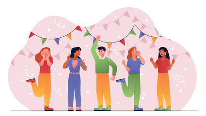 Happy people at party. Men and women dance in disco, characters celebrate holiday or birthday, group of friends. Congratulatory or invitation poster or banner. Cartoon flat vector illustration