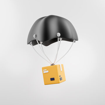 Caja de cart&oacute;n 3D con paraca&iacute;das. Concepto de entrega r&aacute;pida, Pedido de tienda online. Representaci&oacute;n 3D