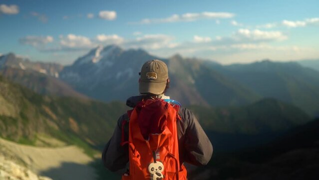 Rack focus from mountain landscape to caucasian man walking out to hiking viewpoint
