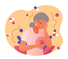 Heart attack symptoms. Elderly woman holds her hand to her chest. Health problems and cardiac disease. Medical poster or banner with grandmother, heart failure. Cartoon flat vector illustration