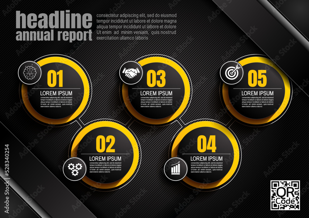 Poster infographics design, 5 process chart diagram template for presentation workflow, abstract timeline e