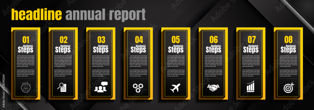 Wall mural infographics design, 8 process chart diagram template for presentation workflow, abstract timeline e