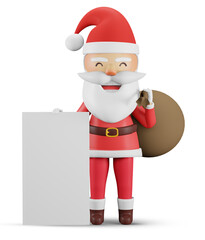 3d render , Santa Claus Christmas cartoon character peeking over a sign giving . , Happy New Year and Merry Christmas card. blank sign