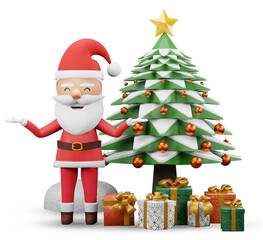 3d render , Sitting Santa with raising arms on gift box near Christmas tree decorated with balls. , Winter holiday card with presents and cheerful Claus