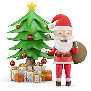 3d render , Sitting Santa with raising arms on gift box near Christmas tree decorated with balls. , Winter holiday card with presents and cheerful Claus