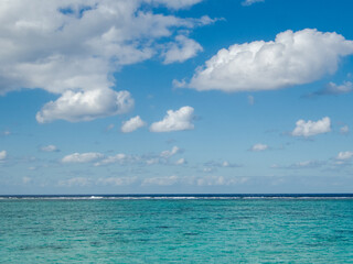 晴れた夏の沖縄県北部の透けた綺麗な珊瑚礁の海